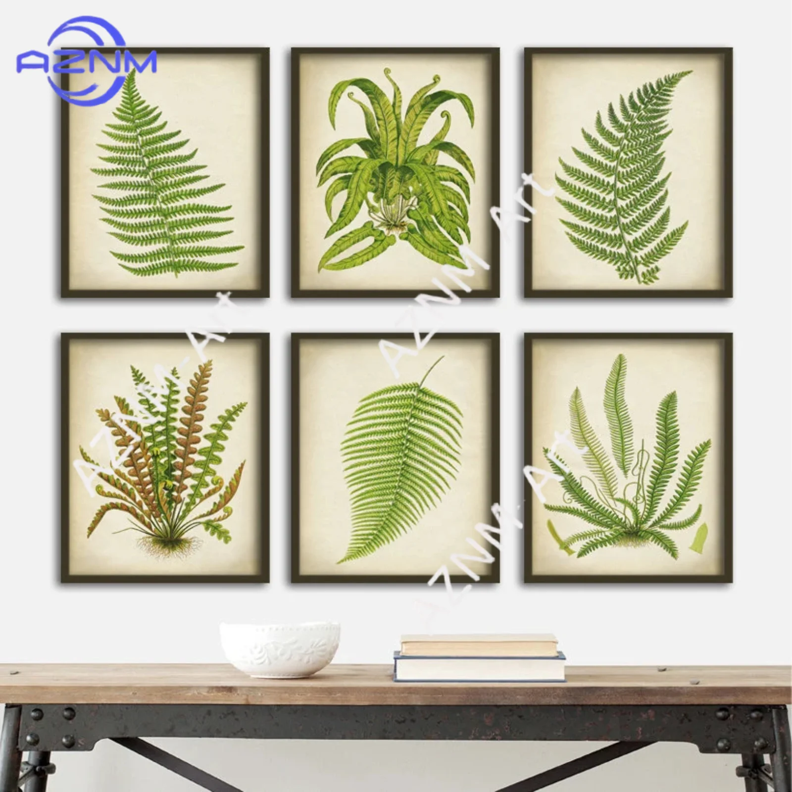 1/6-teiliges Set mit botanischen Farnmotiven: Wandkunst im Vintage-Stil