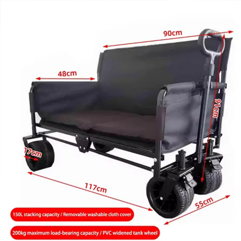 Folding Wagon Folding Sofa with Brakes Multiple Use Oxford Cloth Heavy Duty Camping Cart Multiple Pockets