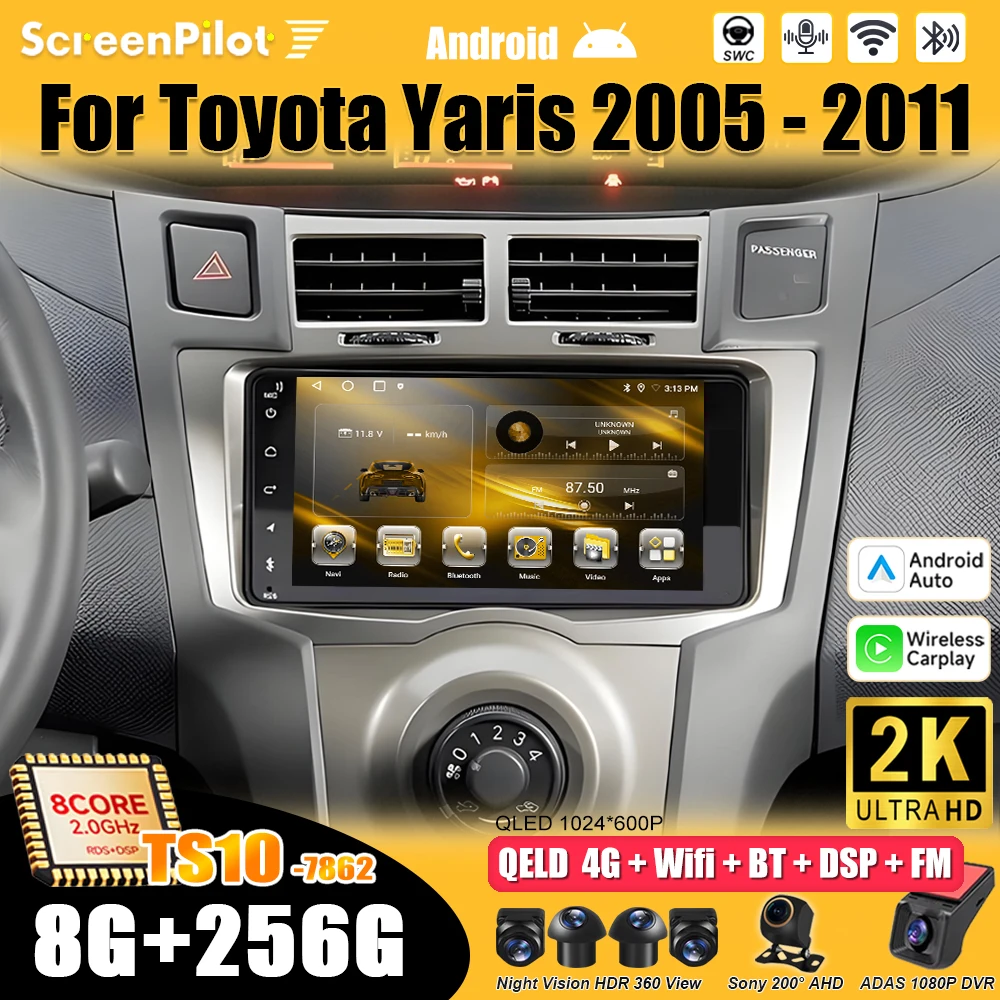 Rádio Automotivo Android 16 para Toyota Yaris 2005 2006 2007 2008 2009 2010 2011 CarPlay Autoradio Estéreo Vídeo Bluetooth WIFI 5G
