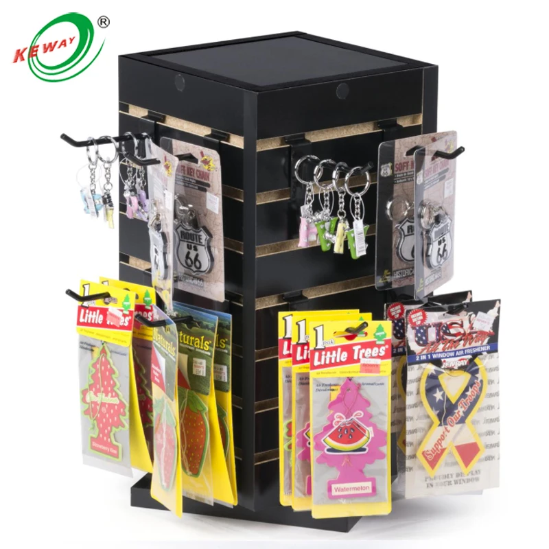 Custom.HIKUYA MDF Rotated Slatwall Display Stand With Metal 4 Side  Rotating Display Stand Counter Display  for Shopping Store