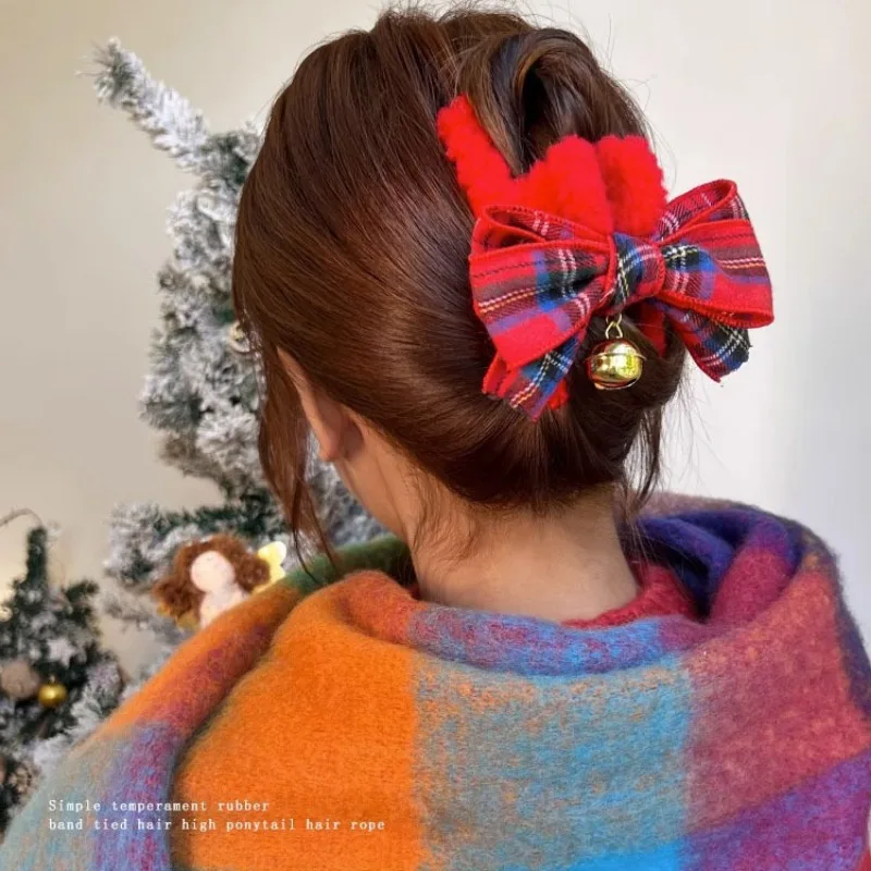 Muweordy Christmas Headwear Bow Knot Plush Hair Clip Christmas Hairpin New Year Hair Claw Shark Clip Hair Accessories for Women