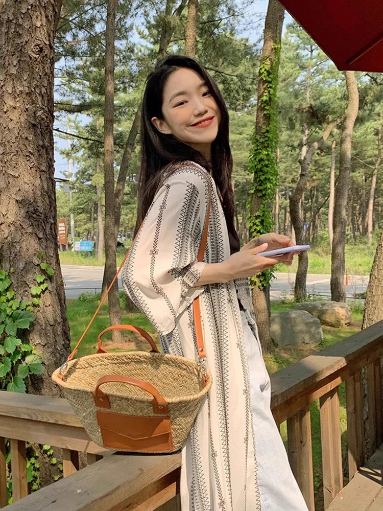 

Retro Lazy Ethnic Print Design Loose Casual Batwing Sve Slit Sun Protection irt Chic Summer Faion Women's Premium Blouse