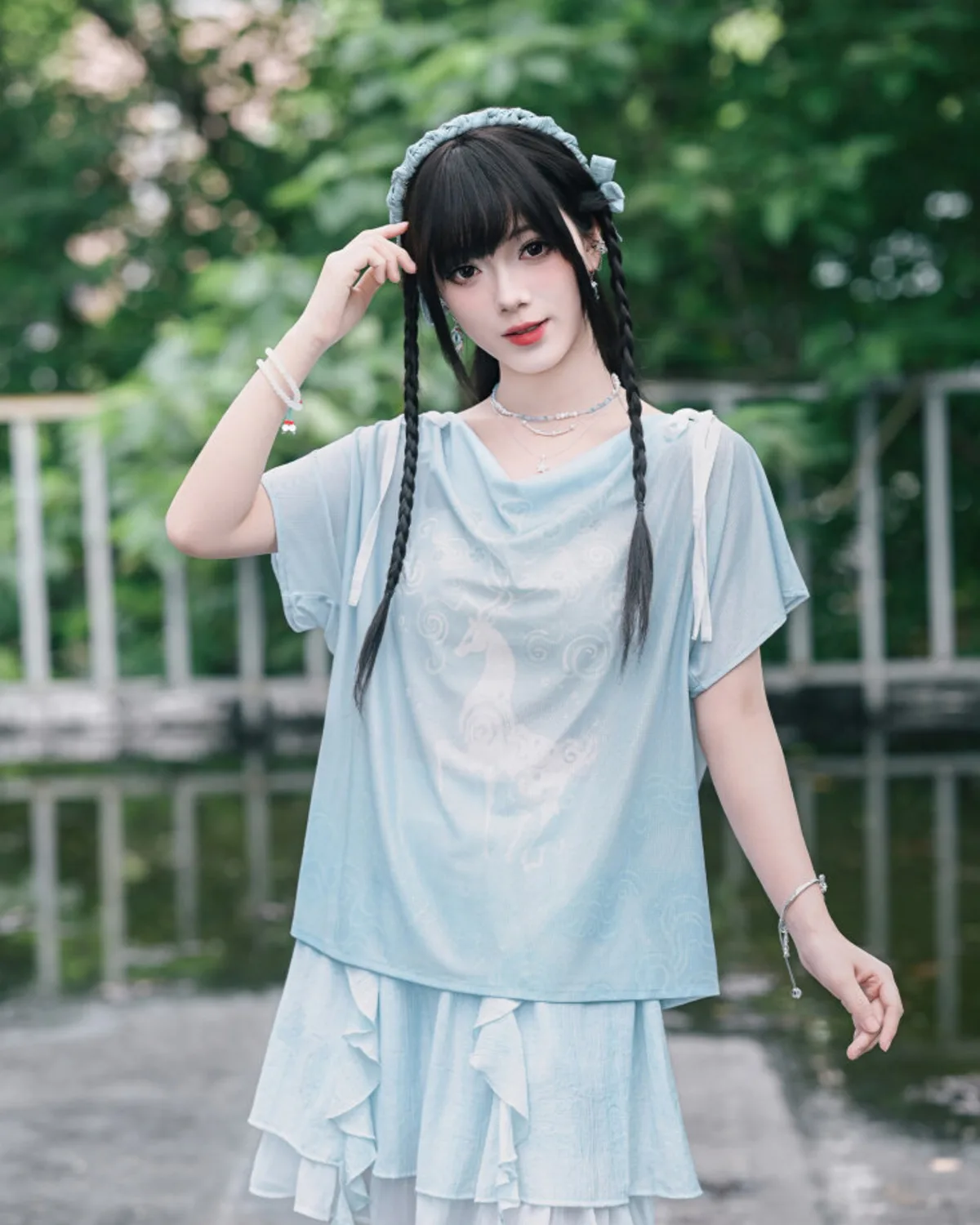 New Chinese Style Draped Neckline Mesh T-shirt Tops Woman Ruffle Double Layer Culottes Two-piece Set Blue