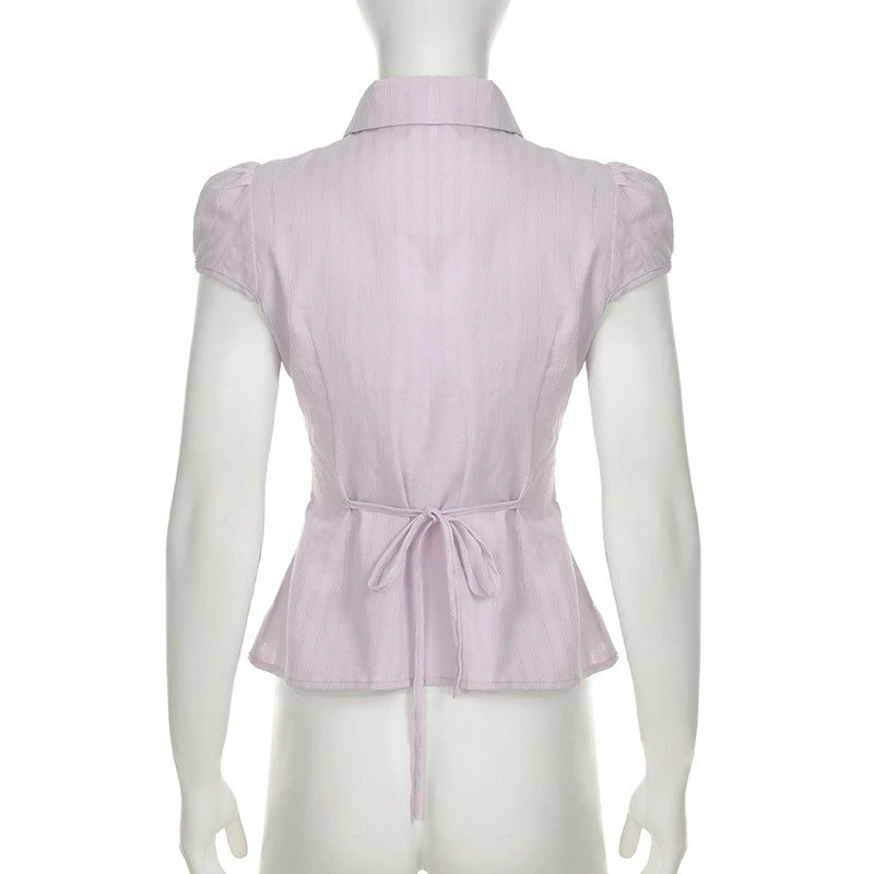 Sweet and Spicy Girl Dopamine Yellow Striped Embroidered Shirt Strap Waist Lapel Bubble Sleeve Top Summer Temperament Fashion