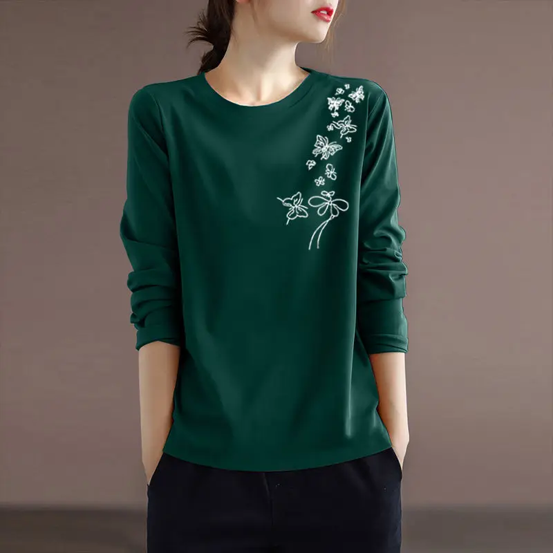 Spring and Autumn Women\'s Pullover Round Neck Plant&Flowers Printed Butterfly Contrast Long Sleeve T-shirt Underlay Elegant Tops