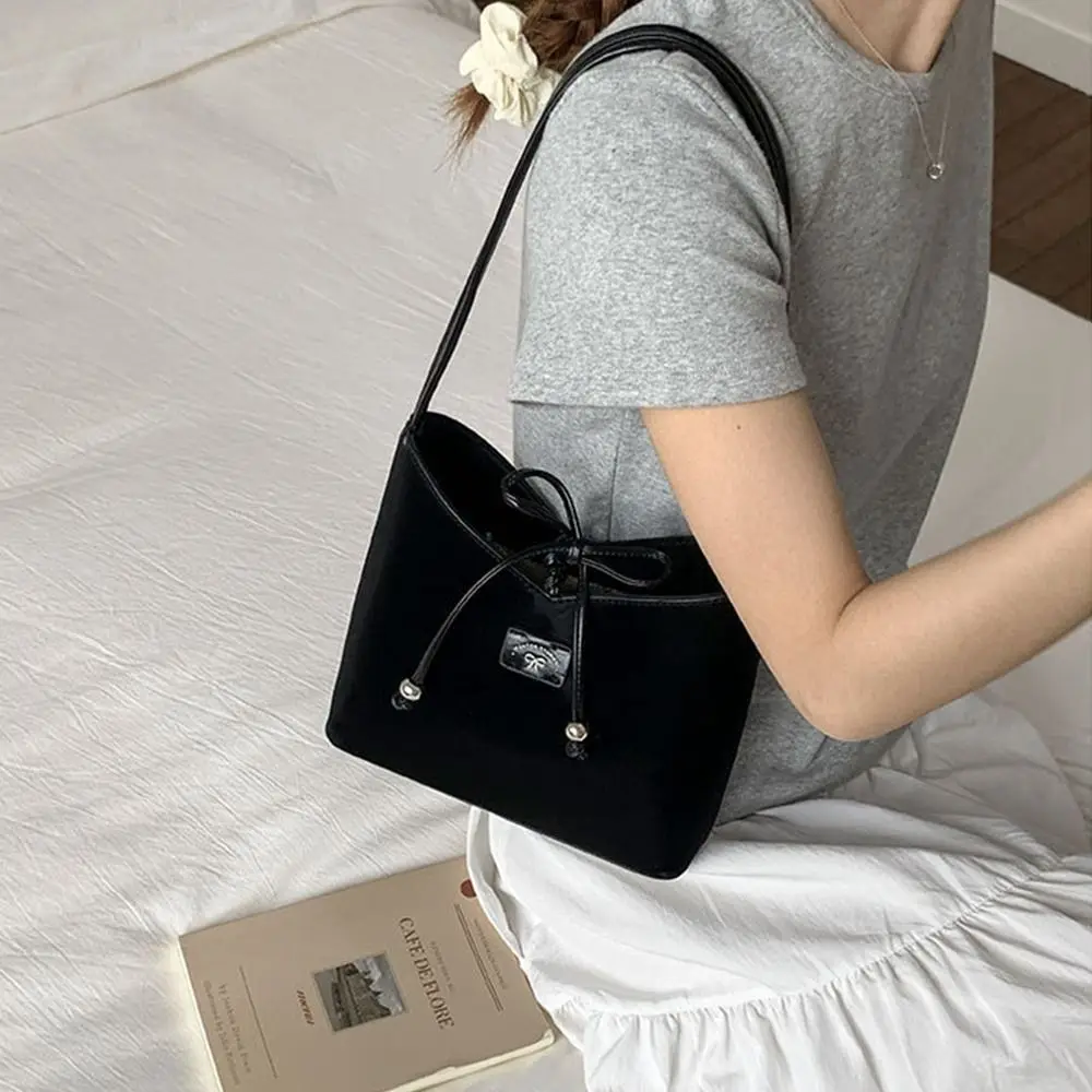 

Simple Korean Bow Bucket Bag Leisure Pu Leather Bowknot Armpit Bag Y2k Sweet Shoulder Bag Commuting