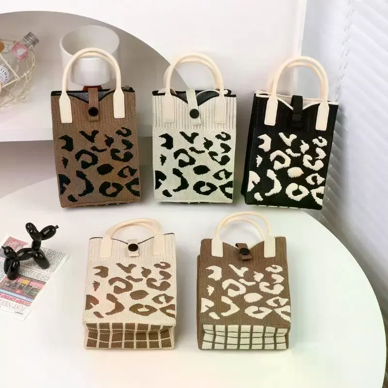 Knitted Mini Tote Bag Vintage Argyle Diamond Print Button Closure Lightweight Small Purse for Women Shopping Gifts