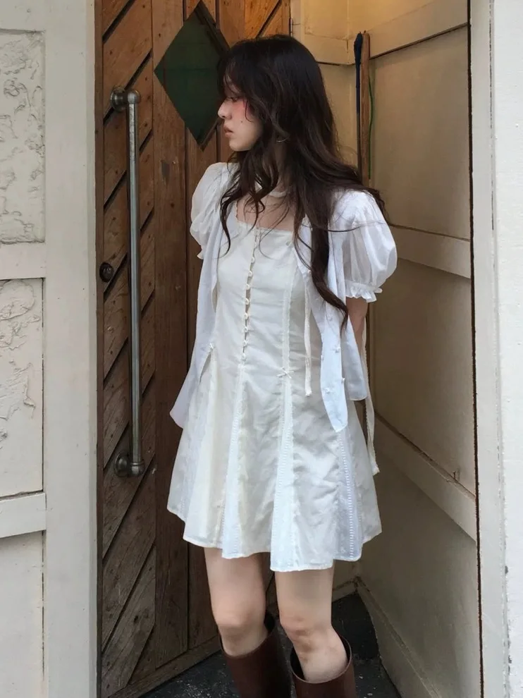 

Double-Breasted Bubble-Sve Lace ort irt One-Piece Belted Curtain Two-Piece Set Dongda Gate Sle Commute Faion Loose...