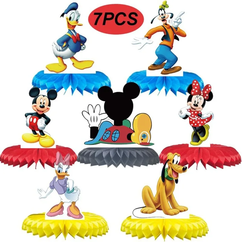

7pcs Mickey Mouse Paper Honeycomb Ornament Baby Shower or Barithday Party Decoration Kid Favor Party Tabletop Decorations Set
