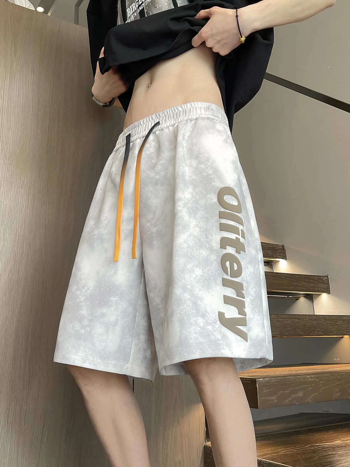 

American Sle Dyed orts Men Summer Loose Straight Leg Sport Casual Five-Quarter Pants Teenage Trendy Brand plus Size Mid-T...