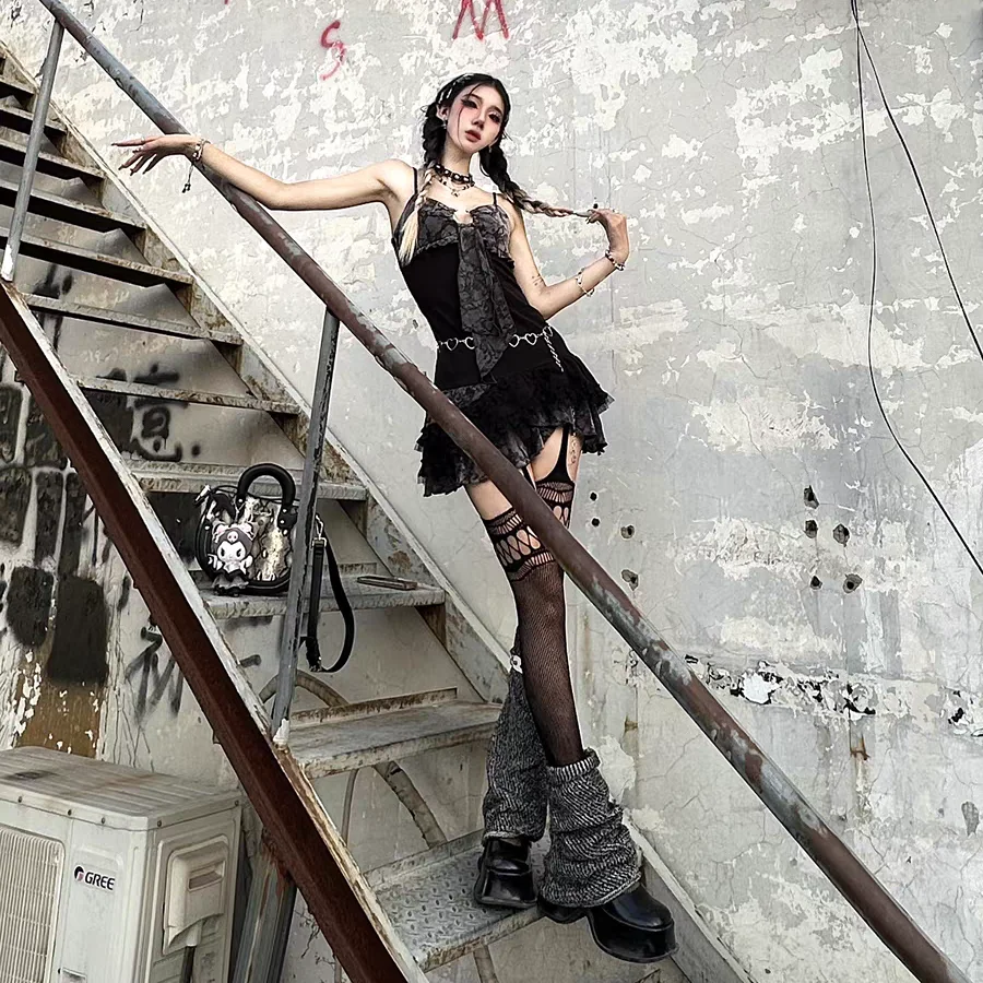 Sexy A-line Short Dress Girl Streetwear Punk Hotsweet City Goth Clothing Y2K Summer Coquette Top 2000s Party Skirt Sling Dresses