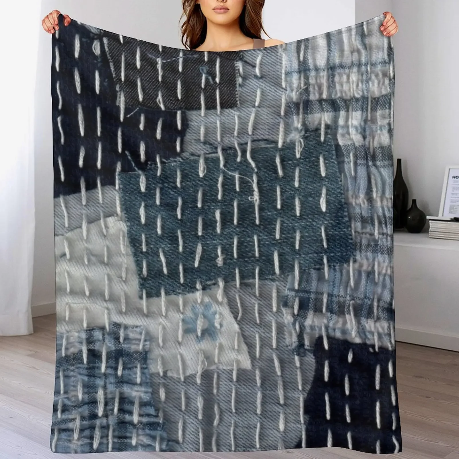 Jean Boro sashiko handmade textile pattern Throw Blanket Cozy Throw Blanket Birthday Gift for Him Her