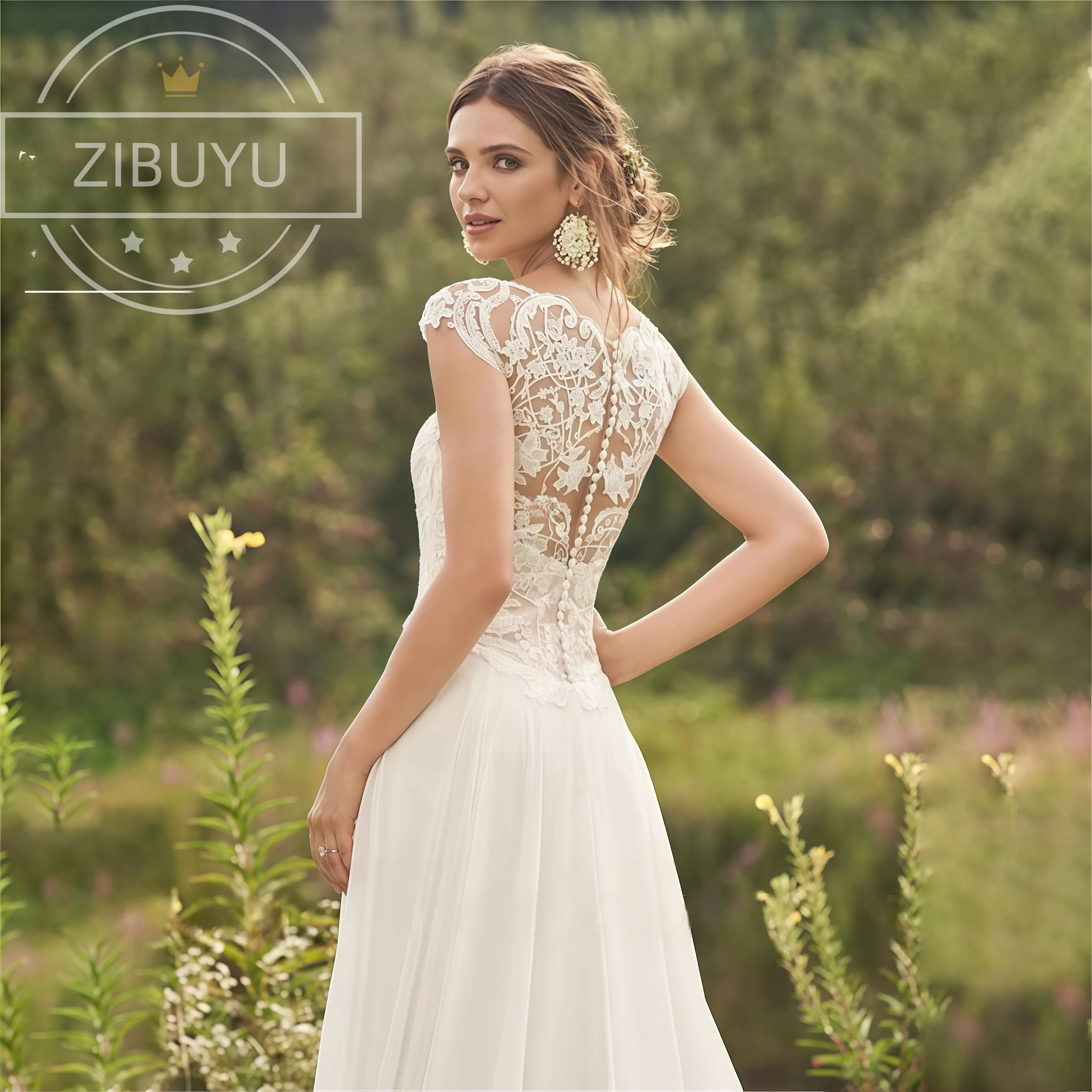 

ZIBUYU Cap Sleeve A-Line Floor Length Sweetheart Lace Applique Chiffon Bridal Dresses Backless Elegant Wedding Gowns Customized