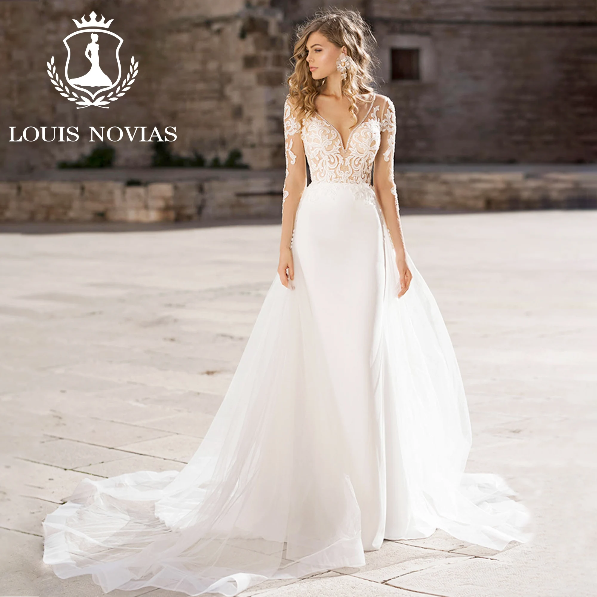 

LOUIS NOVIAS Роскошное новое поступление атласное свадебное платье с v-образным вырезом и вышивкой со съемным шлейфом 2 в 1 свадебное платье Vestido De Novia