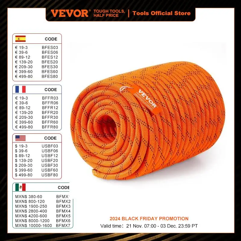 VEVOR 220ft Dual-Weave Polyester Rope 48-Strand Outdoor Accessories Emergency Cord for Camping Swinging Rappelling Rescue