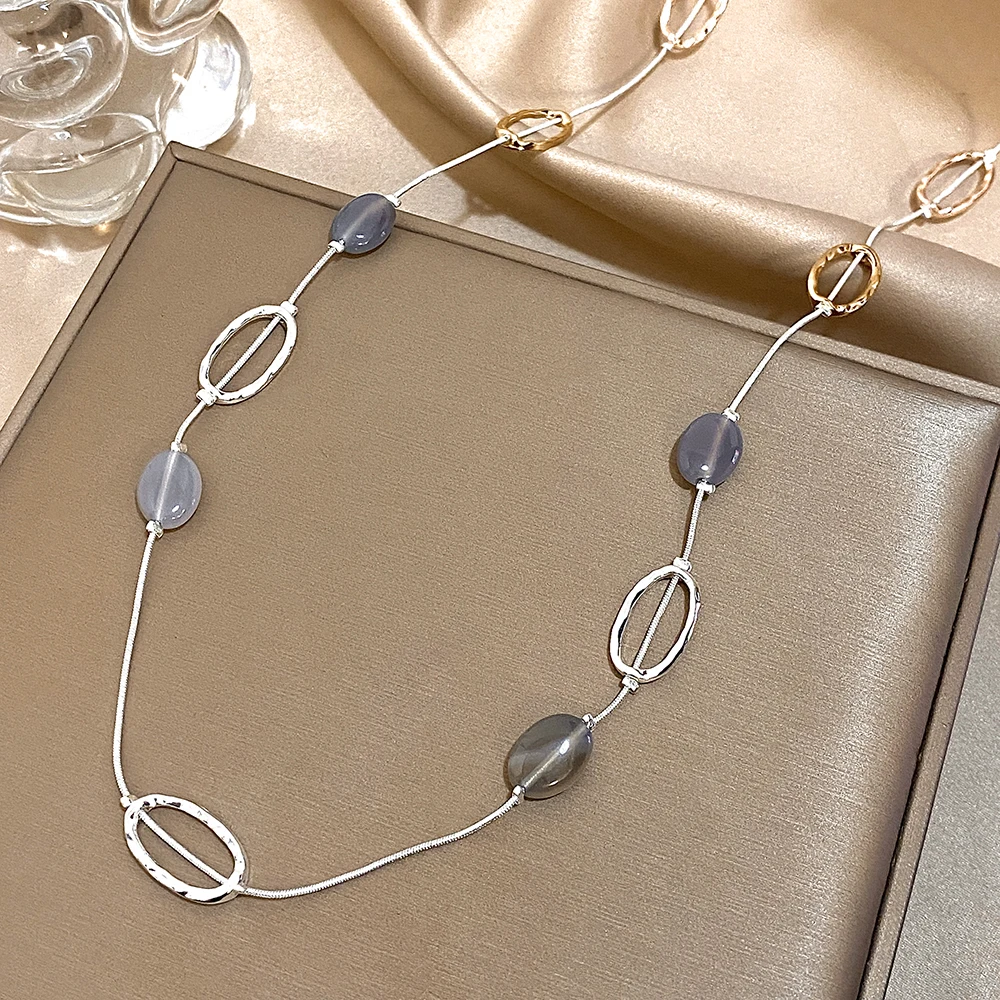 

Amorcome Fashion Long Silver Color Snake Chains Necklaces for Women Metal Beads Stones Pendant Sweater Necklace Trendy Jewelry