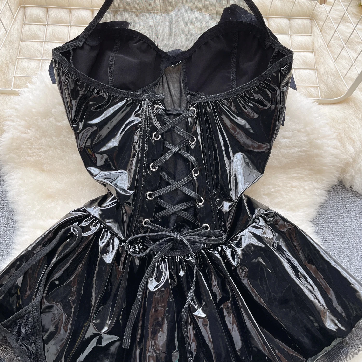 Women Pu Leather Sensual Dress Halter Lace Up A Line Sexy Nightdress+Thongs Sheer Backless Mini Porn Nightwear Dress 2 pieces