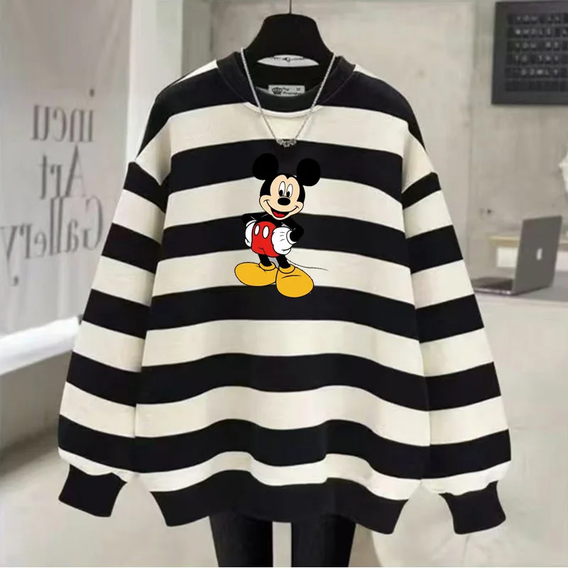 אופנה חדשה לסתיו, סווטשירט כותנה רחב עם פסים, צווארון עגול, הדפס מיקי מאוס, שרוולים ארוכים, מתאים לזוגות, בסגנון קז'ואל.