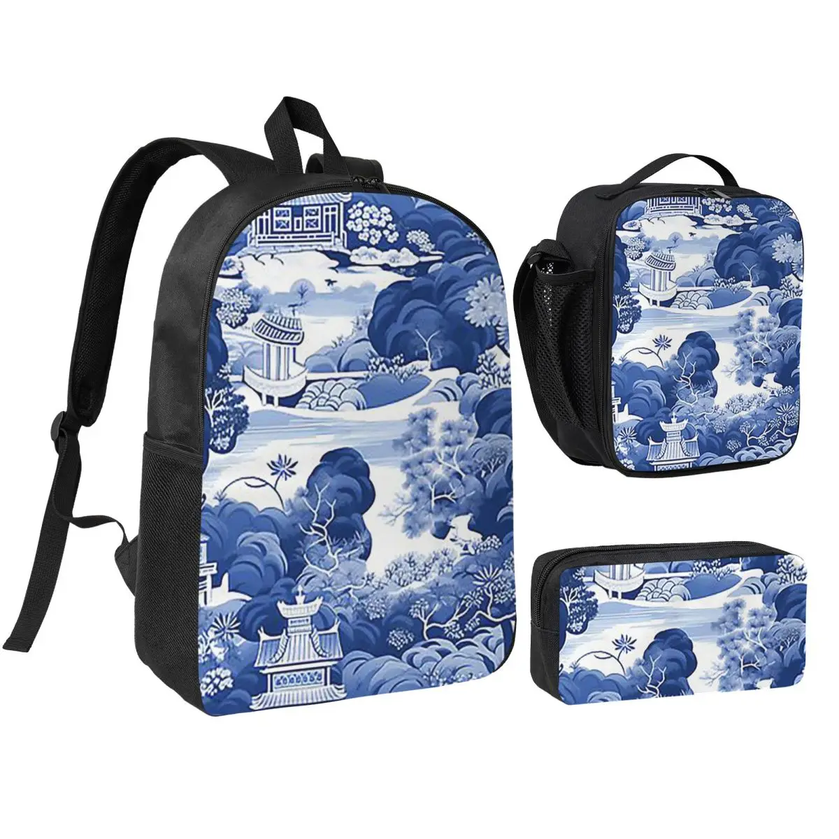 

Chinoiserie Pattern Backpack Student Boys Girls BookBag School Bag Shoulder Bags 3ps Insulated Lunch Bag Pencil Case