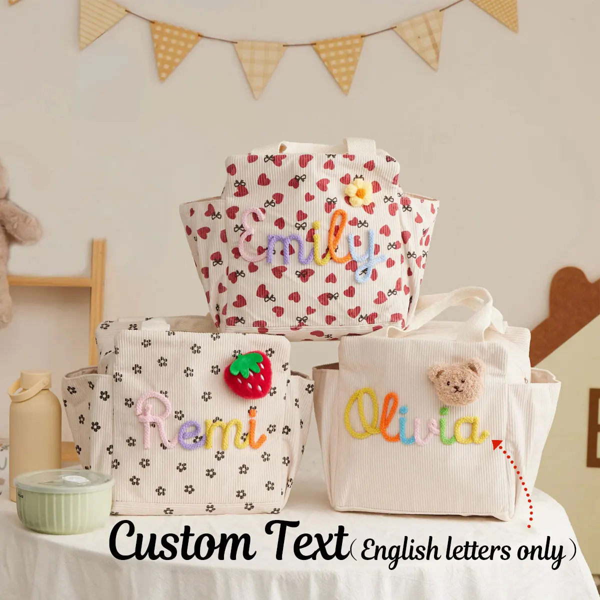 Custom Initial Tote Bag – Personalized High-Capacity Corduroy Insulated Lunch Bag; Back-to-School Gift, Vacation & Party Bag
