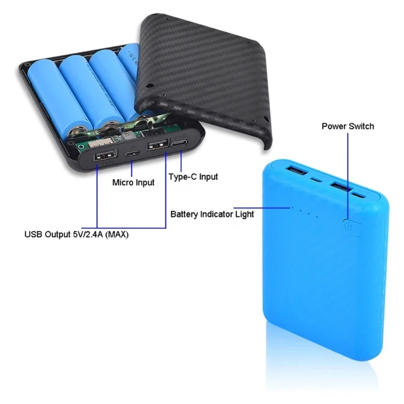 Caja DIY, carcasas exteriores batería 4x18650 con múltiples opciones colores, batería no incluida, salida USB 5V/2,4A