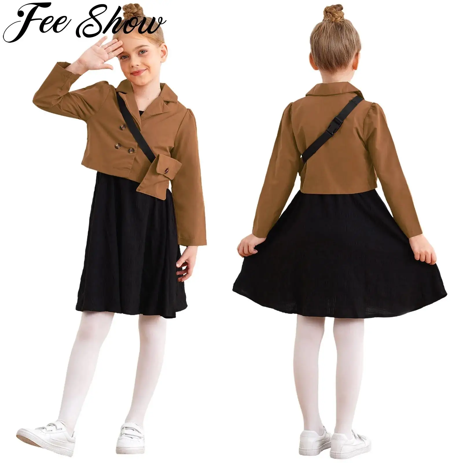 Kids Girls Fall Fashion Casual Lapel Long Sleeve Blazer Jacket with Spaghetti Straps Dress Bag Set for Wedding Birthday Party