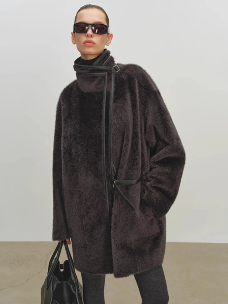 High-end Luxury Natural Lamb Fur Jackets Shearling for Women Simple Stand Collar Mid-length Winter Genuine Leather Real Fur Coat