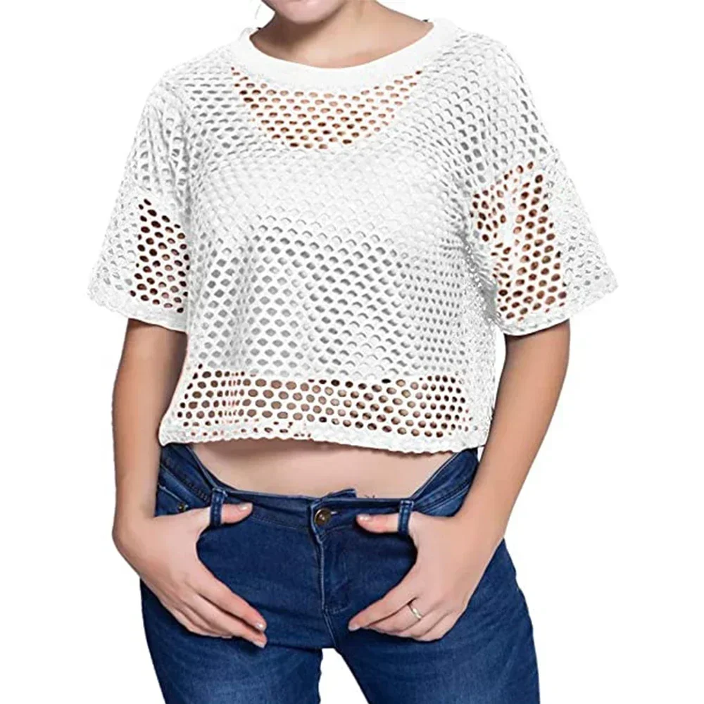 Fashion Lady Fishnet Transparent Crop Tops T-shirt For Women Summer Short Sleeve O Neck Solid T Shirt Tees Female Clothing