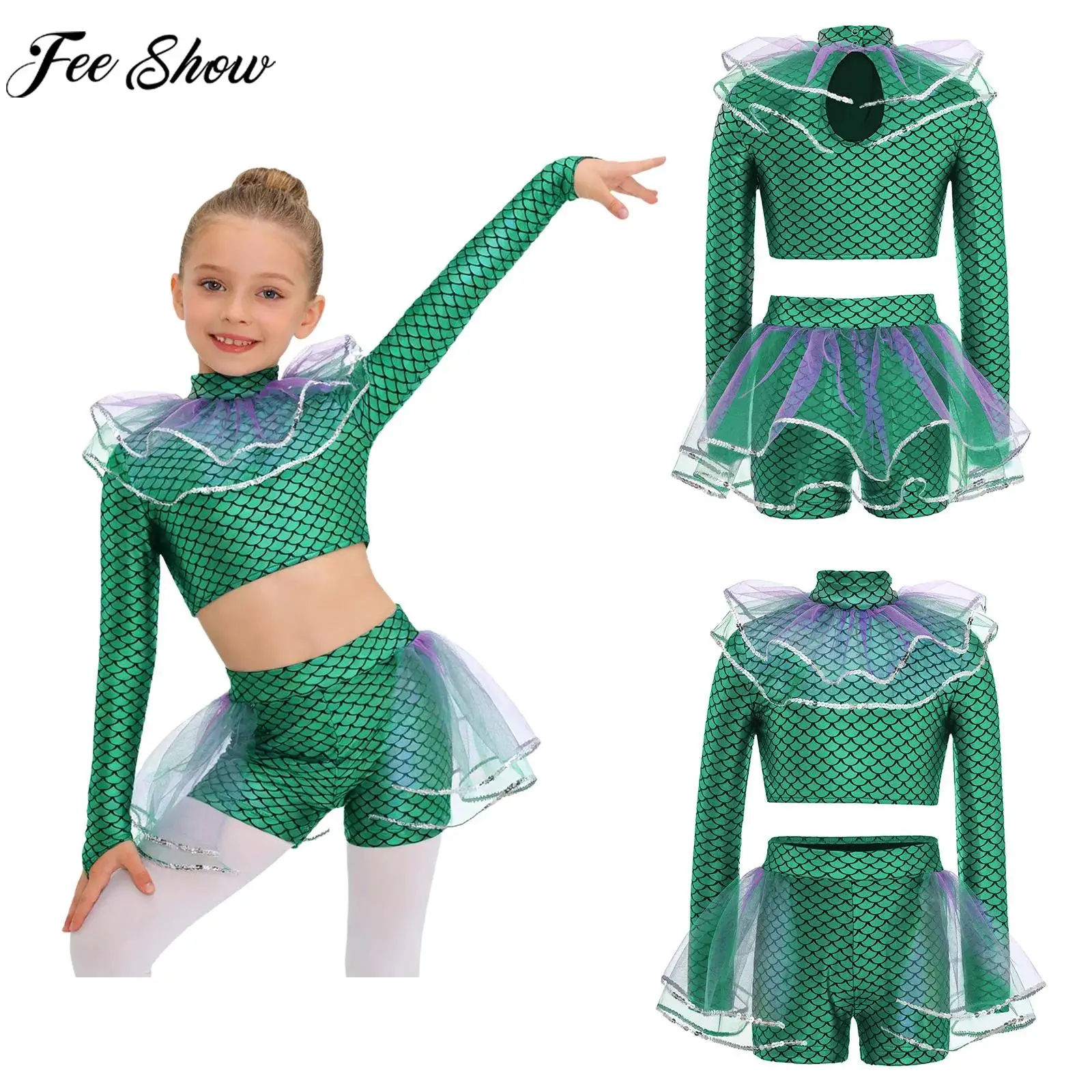 Kids Girls Halloween Mermaid Cosplay Performance Costume Fish Scale Print Crop Top with Shorts Ballet Skating Jazz Dance Outfit
