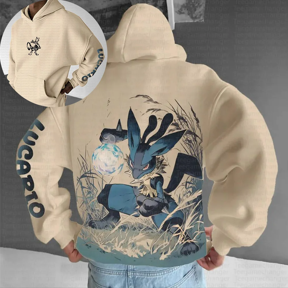 Ensemble sweat à capuche Pokemon en coton beige avec caractère Lucario imprimé au dos et conception de texte à manches tenue décontractée à manches longues unisexe