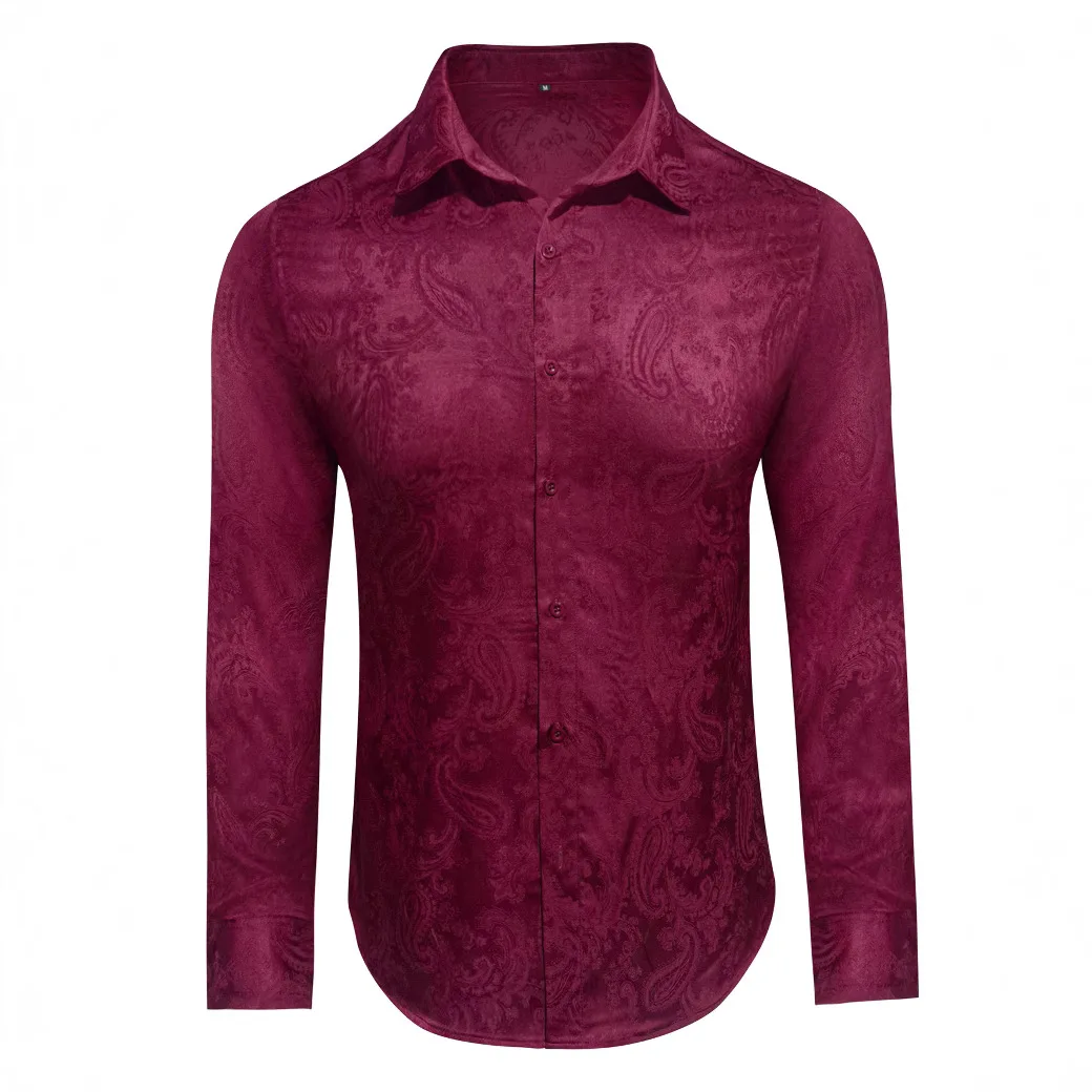

2026 Мужская шелковая атласная рубашка с длинным рукавом из жаккарда с узором пейсли для выпускного вечера и свадьбы