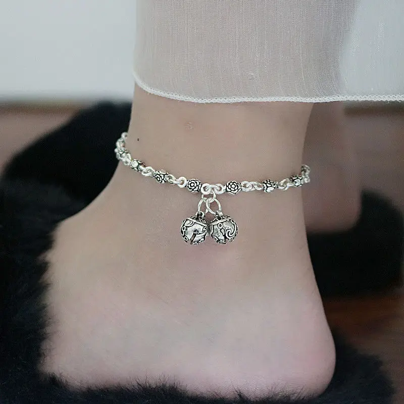 S925 Sterling Silver Ankle Bracelet Jingle Bell Lucky Women’s Vintage Ethnic Boho Style Trendy Rose Girlfriend Gift Jewelry
