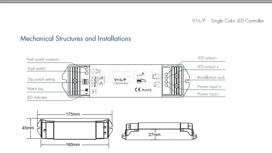 Skydance 1CH * 15A 12-48VDC DC24V 36V CV Controller، Push-Dim V1-L/P PWM 250HZ/500HZ/2KHZ/8KHZ لشريط LED أحادي اللون