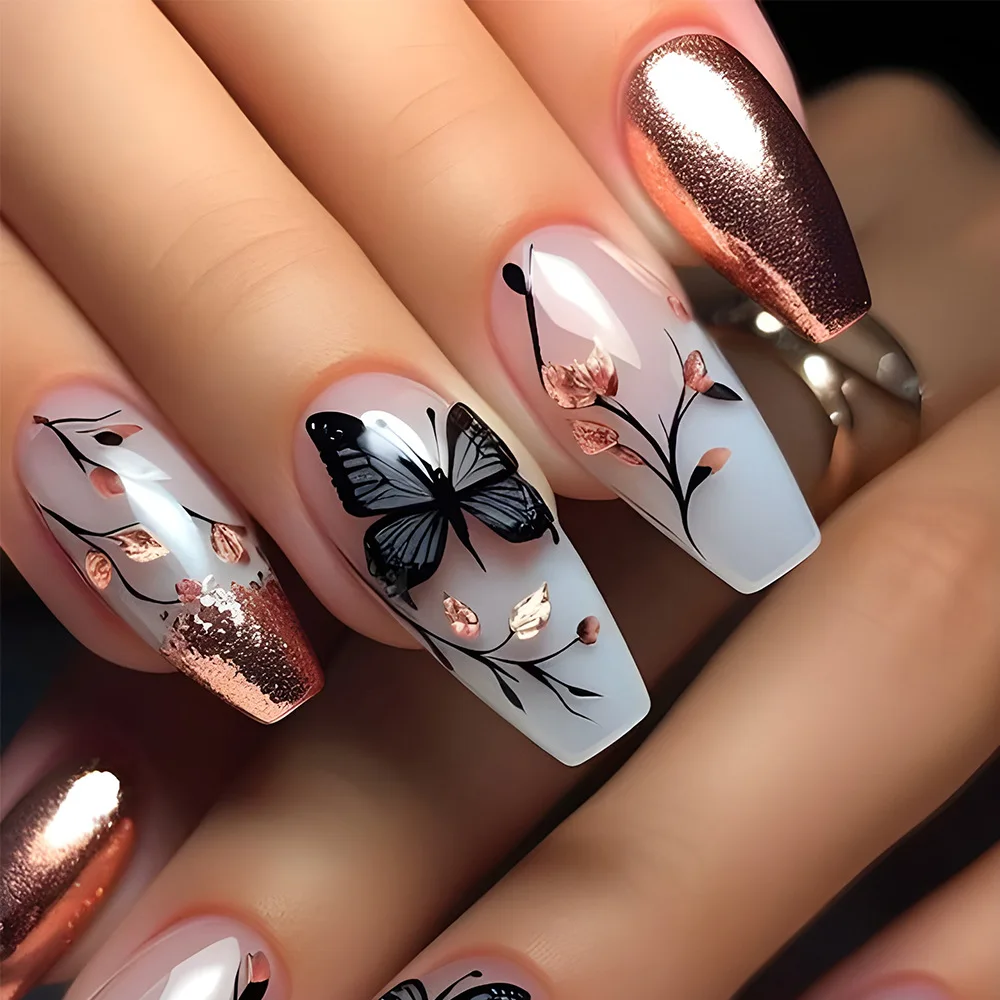 

24pcs Press on Nails Rose Gold Glitter French Butterfly Full Coverage Nail Tips for Women and Girl Removable Wearable Nail Art