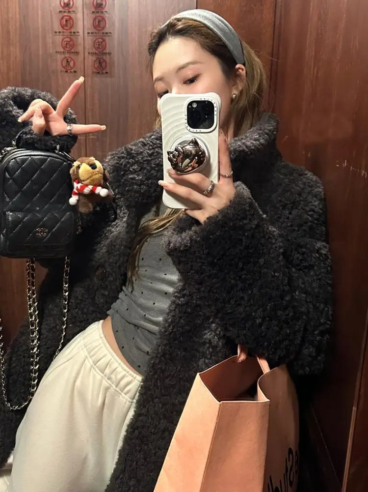 

Lamb Wool Jacket Dark Green Cowhide Double-Sided Life Camping Professional Fancy Furry Multi-Pockets Chic Boyfriend Style Korean