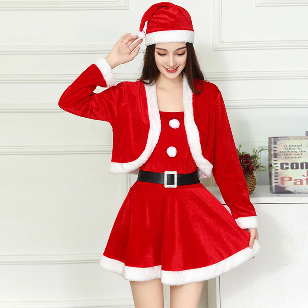 Lady Santa Claus Cosplay Costume New Year Xmas Red Warm Velvet Fancy Dress With Jacket Lovely Women Christmas Party Outfits Set