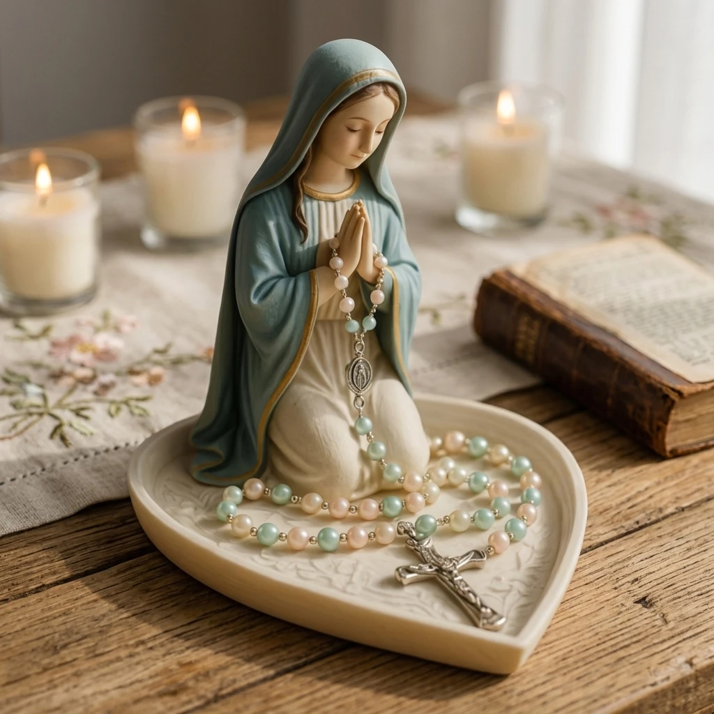 Eco-Friendly Resin Kneeling Praying Figure Rosary Holder with Jewelry Storage Box Metal Hooks for Catholic Rosaries Necklaces