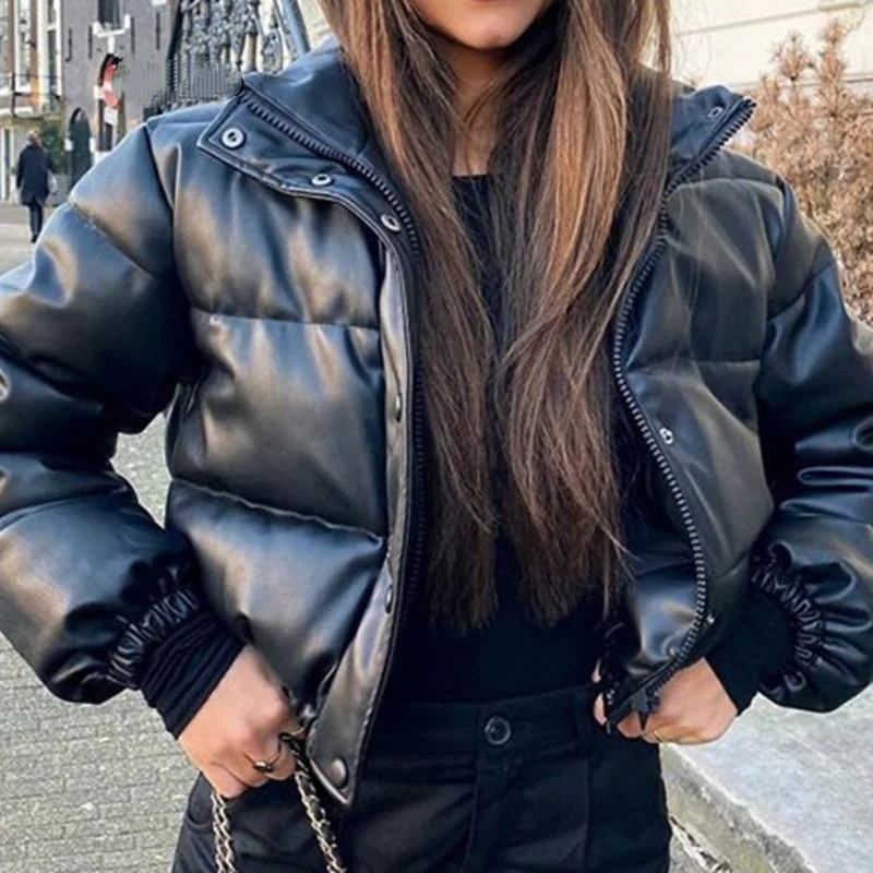

Winter Women's Jacket Female Thick Warm Short Parkas Fashion Black PU Leather Coats Women Elegant Zipper Cotton Jackets Top