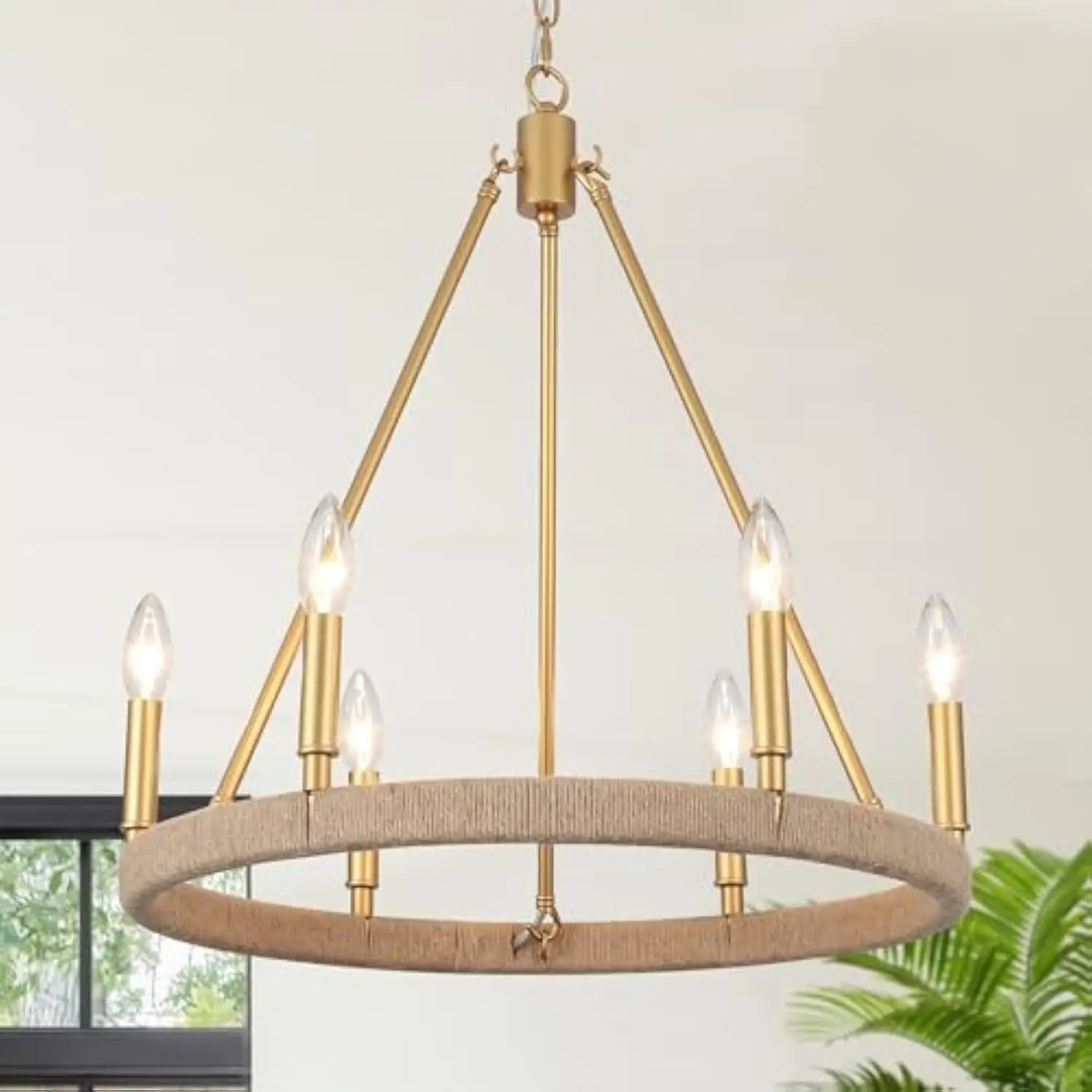 

6-Light Rustic Hemp Rope Wagon Wheel Chandelier for Bedroom Foyer Entryway Spray-Painted Gold