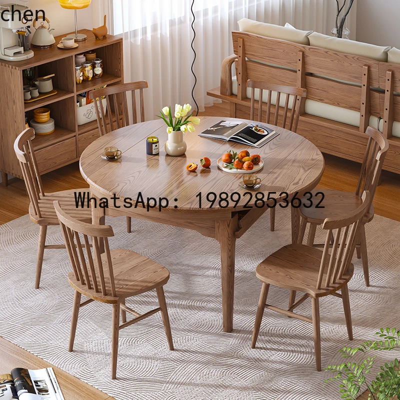 solid wood retractable folding dining table simple modern square and round dual-purpose dining table and chair combination