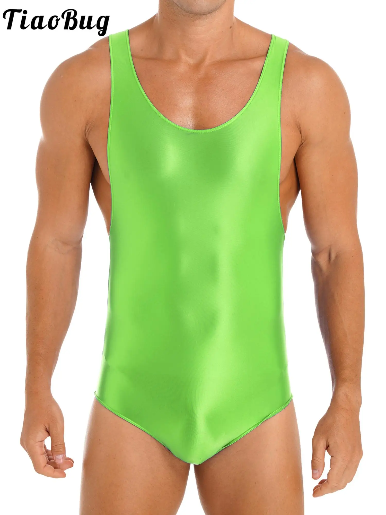 One Piece Swimsuit Men Glossy Sleeveless Swimming Suit Leotard Skinny Wrestling Singlet Swimwear Gay Fitness Sport Costumes