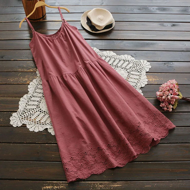 Summer Mori Girl Sweet Dress Women Japanese Solid Flower Embroidery Sleeveless Spaghetti Strap Cotton Female Kawaii Dresses U725