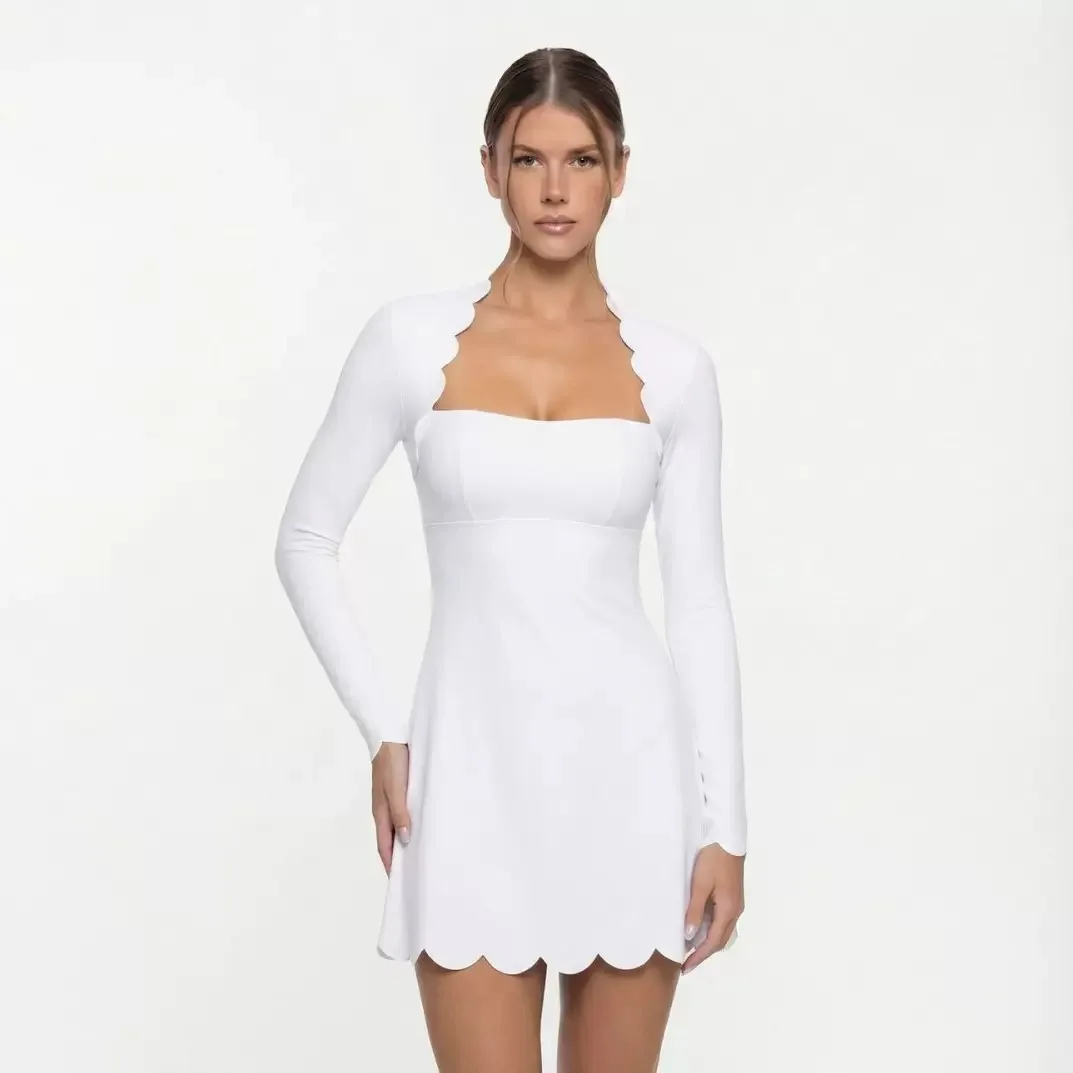 FUBEIKE Tennis Clothes Women's Long Sleeve Wave Lace Golf Wear Tennis Skirt Breathable Quick-Drying Yoga One-Piece Dress