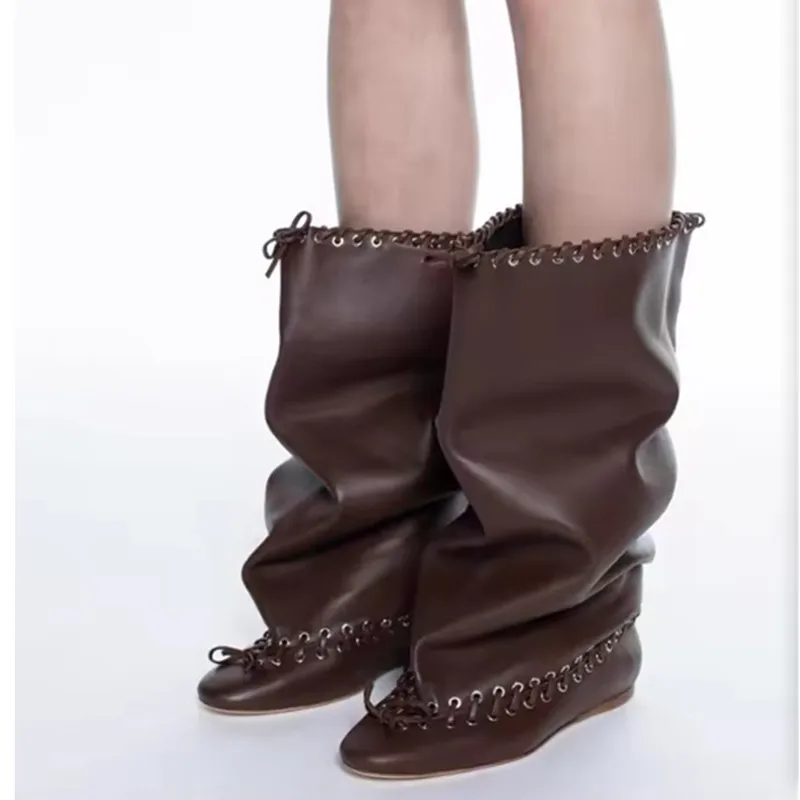 

2025 Autumn And Winter Women Mid-calf Boots for Woman's Pointed Toe Flats Rivet Height Increasing Butterfly-Knot Botas Mujer