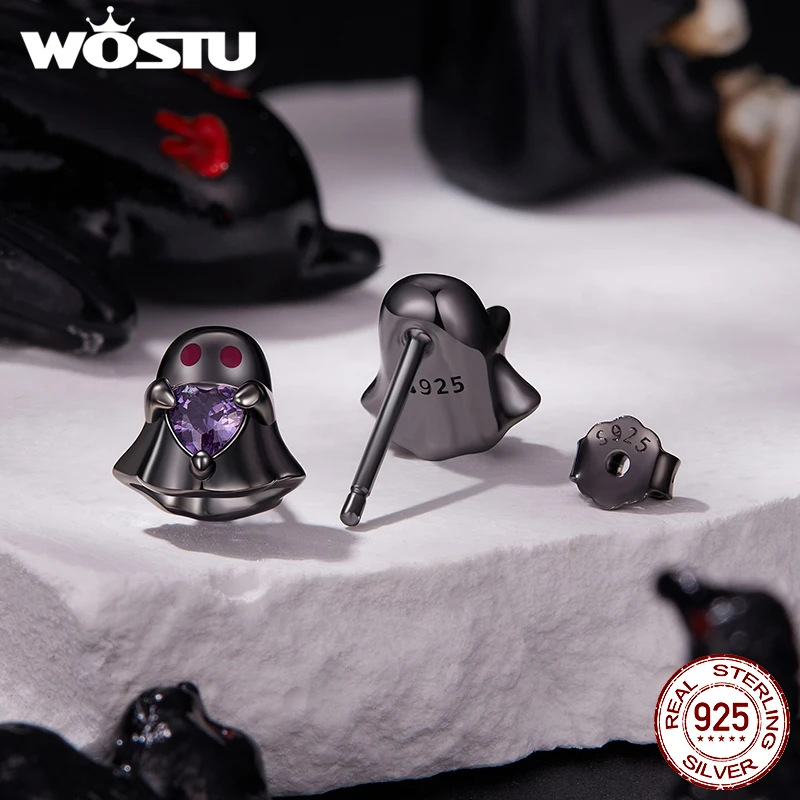 WOSTU 925 Sterling Silver Ghost Stud Earrings Skull/Spider/Crow /Hand Dark for Women Girl Halloween Party Fine Jewelry Gift view 4