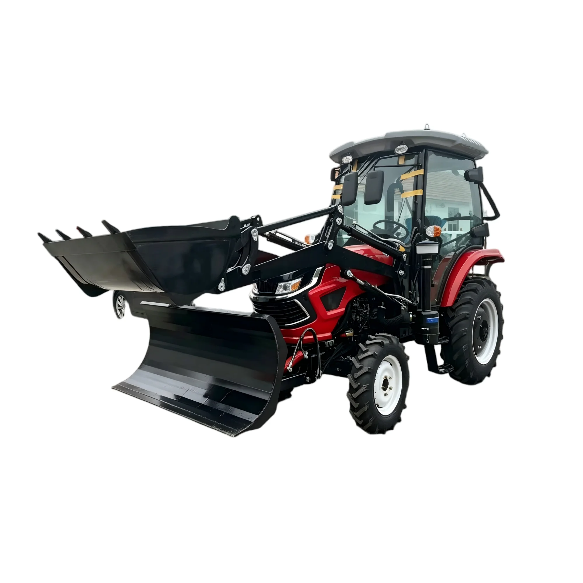 4WD Enclosed Cabin Diesel Tractor With Front Loader & Snow Plow Blade Multifunctional Farm Loading Snow Clearing Equipment