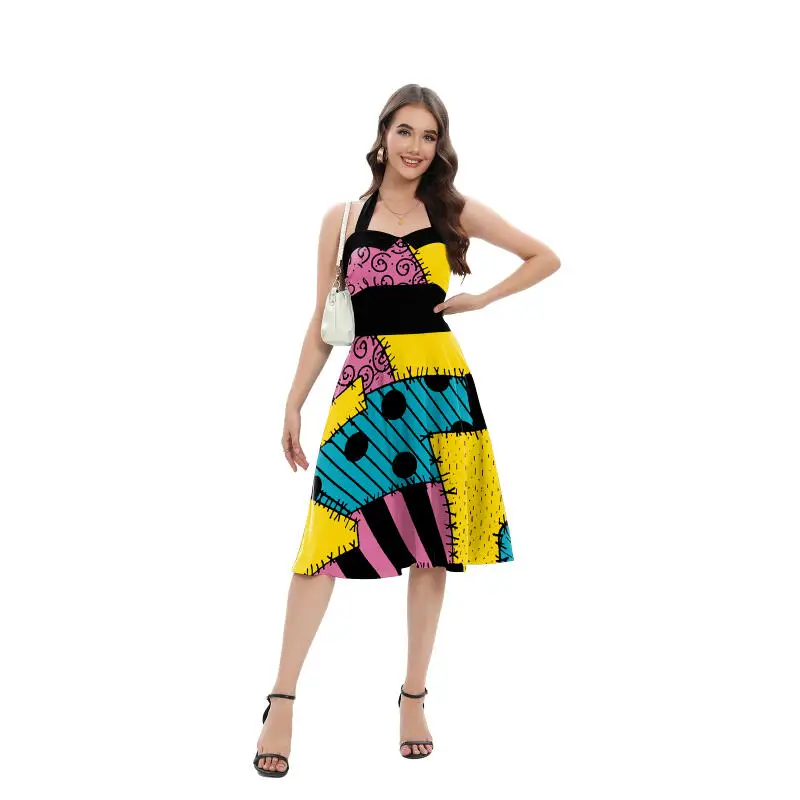 Halloween Sally Kostüm für Damen, Neckholder-Kleid mit Rückenband, A-Linien-Schwingkleid, Patch-Print, Retro-Kleid, Ausgefallene Karnevalsparty-Outfits – Detail 5