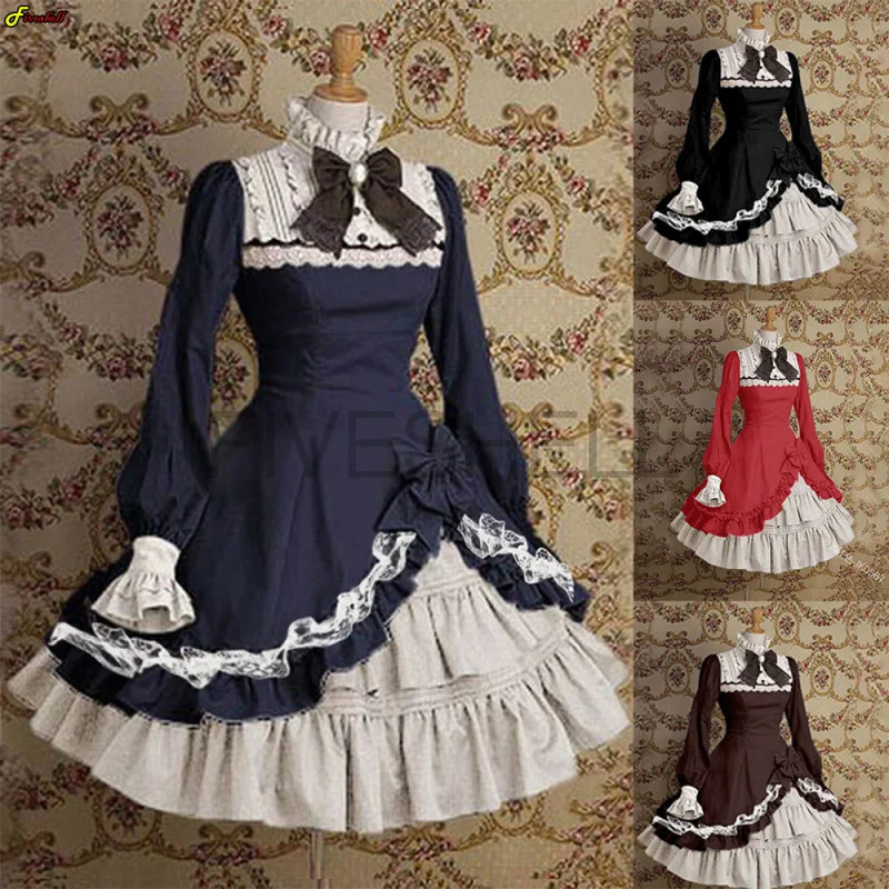 Wome's Cute Bow Lolita Maid Costumes Girls Lovely Maid Waitress Gothic Cosplay Anime Sexy Lingerie Lace France Outfit Dresses