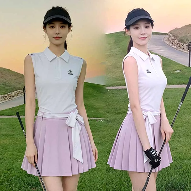 niefle-ゴルフ服女性スリムノースリーブトップジッパーカラーポロ-tシャツ速乾性スポーツシャツ女性スリムプリーツショートスカート