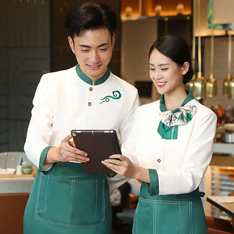 Hotel Restaurant Waiter Workwear Tie-Neck Autumn and Winter Catering Restaurant Tea House Staff Work Wear Clothing